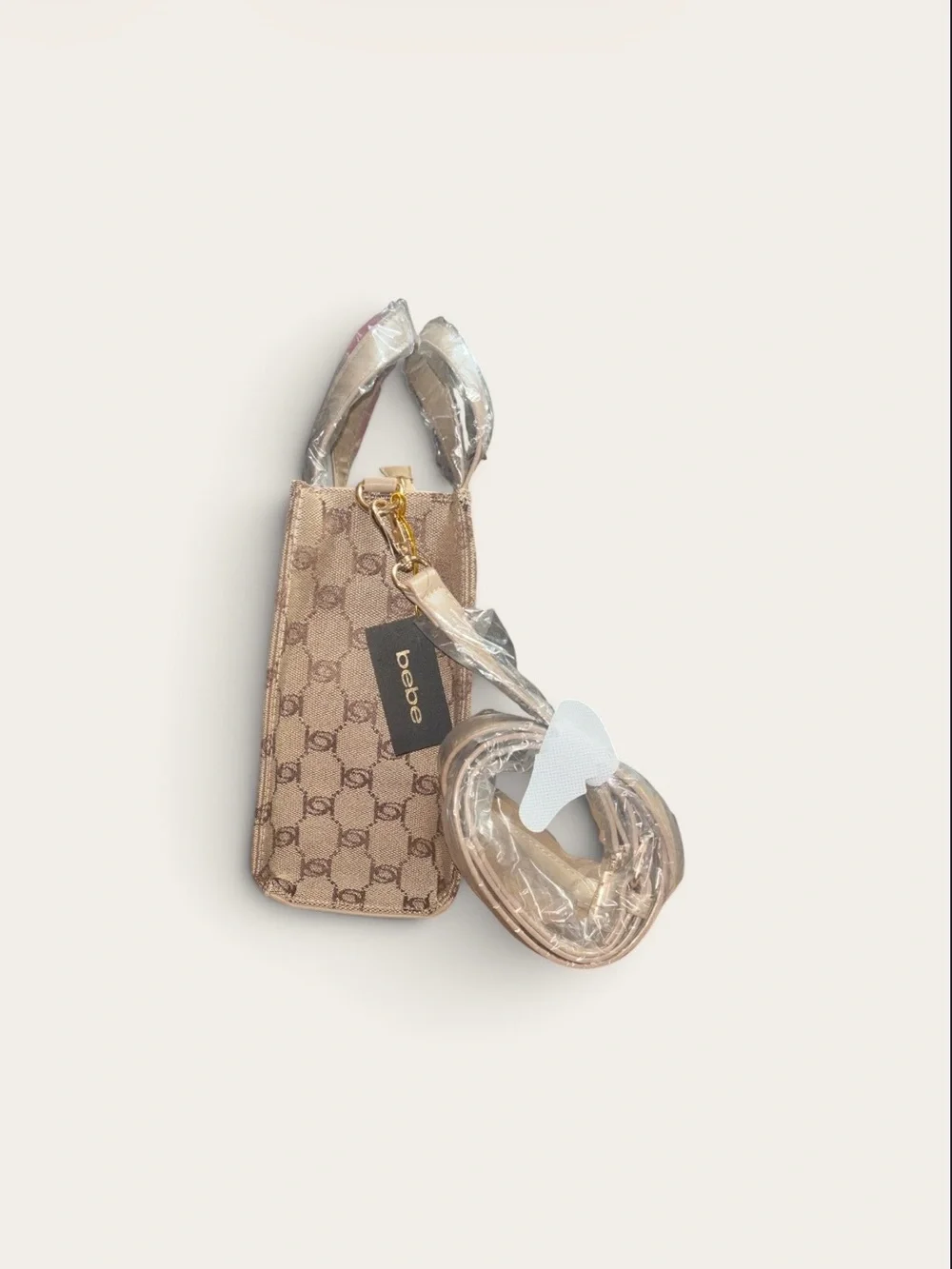 bebe Beige Signature Logo Satchel with Detachable Strap